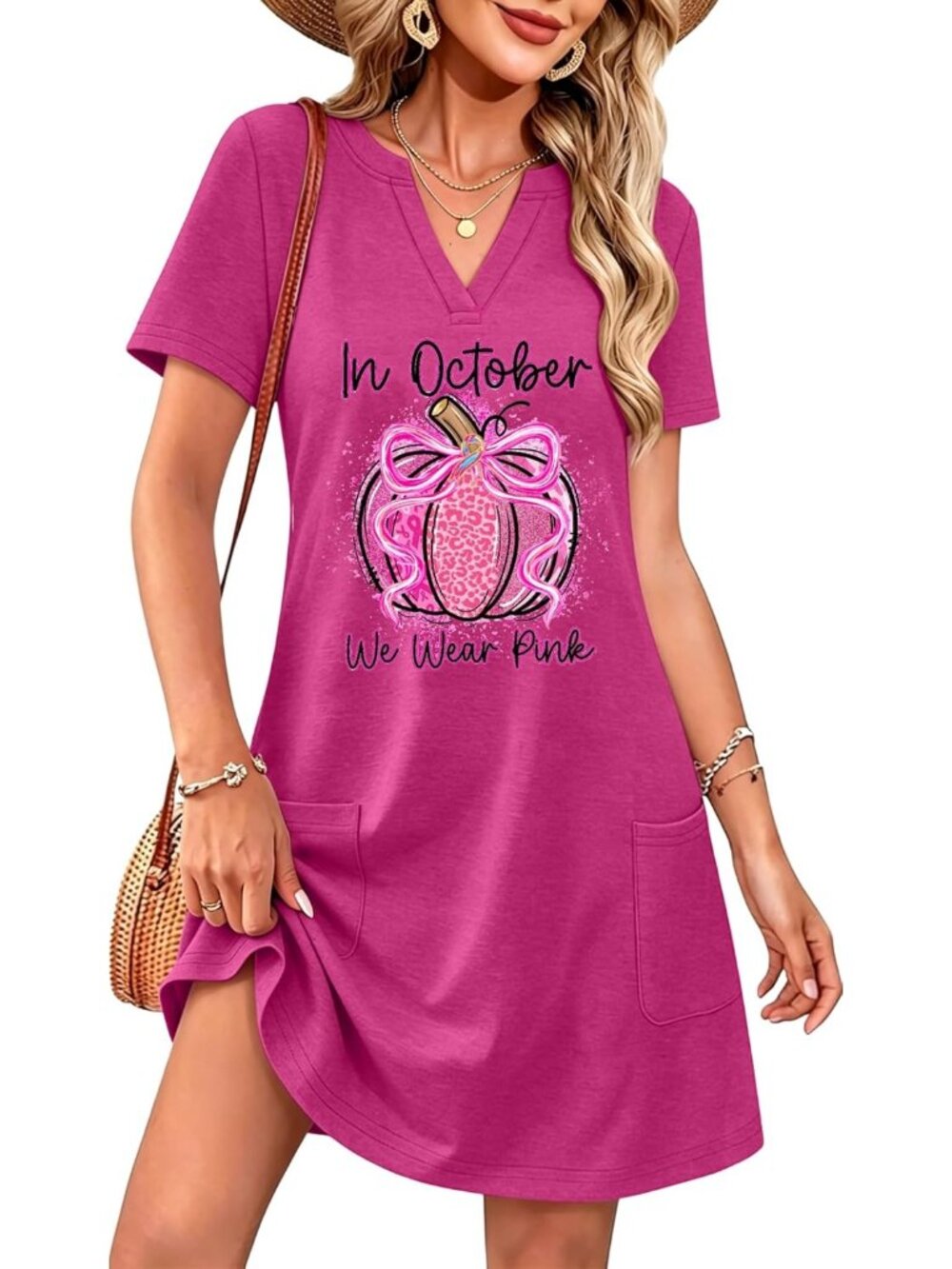 🆕Women's In October We Wear Pink Pumpkin V-Neck Short Sleeve Dress Pockets